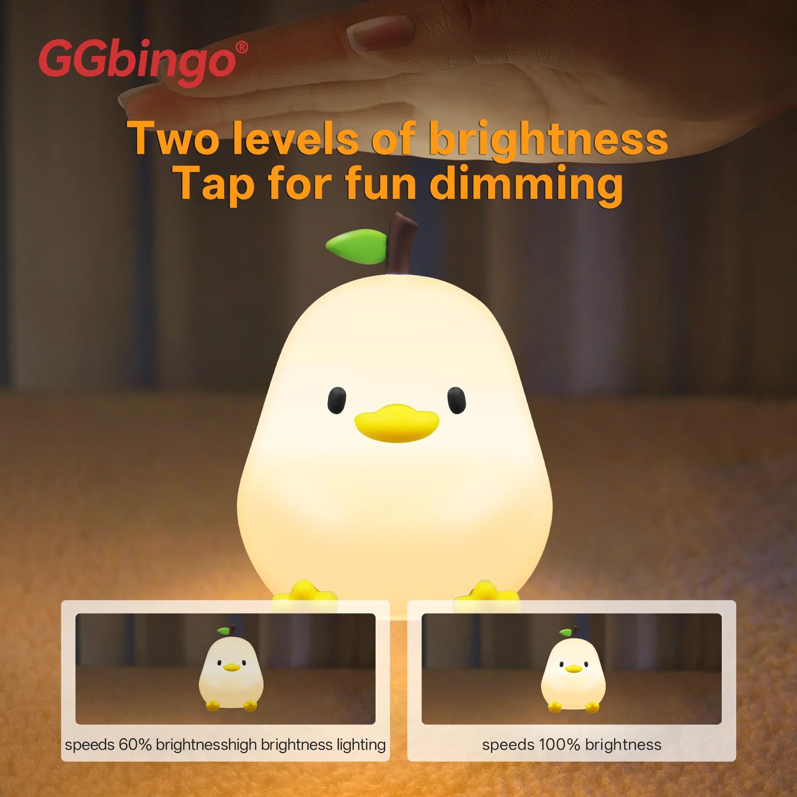 Cute Pear Night Light 7-Color Dimmable Touch-Controlled Night Light Silicone Stress Reducing Pat Duck Lamp USB Rechargeable